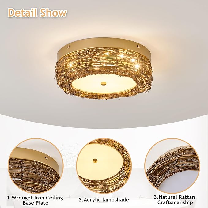 11 inch Rattan Light Fixture Boho Flush Mount Ceiling Light Hand Woven LED Ceiling Lamp for Hallway Bedroom Kitchen Entryway Living Room Nursery