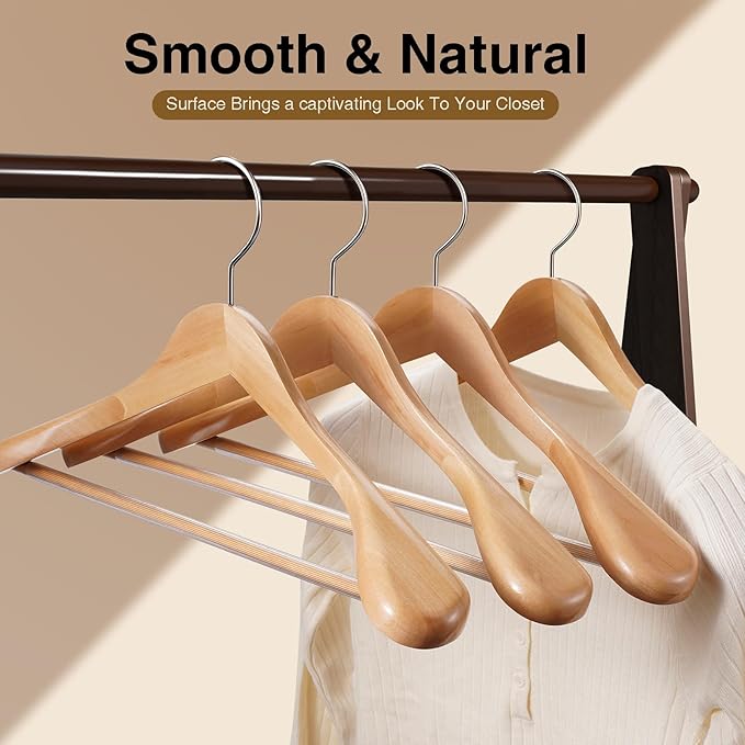 Suit Hangers 6 Pack,Wide Shoulder Wooden Hangers,Solid Wood Coat Hangers with Heavy Duty Retotating Hooks & Non Slip Pants Bar,Smooth Finish Clothes Hanger for Sweater, Pants, Jacket(Natural)