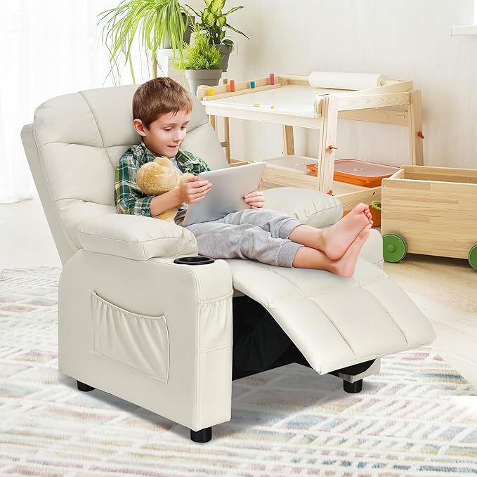 Kids Recliner, Kids Recliner Chair w/ 2 Cup Holders, PU Leather Kids Chairs Compy w/Adjustable Backrest & 3 Pockets, Toddler Furniture Sofa for Boys Girls Aged 3+ (Beige)
