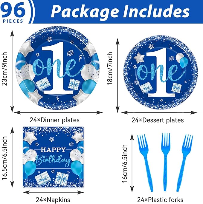 96 Pcs Boy 1st Birthday Party Plates Napkins Tableware Set Blue One Year Old Supplies Disposable Dinnerware Baby Boy 1st Birthday Party Decoration Favors for Baby First Birthday Supplies, 24 Guests