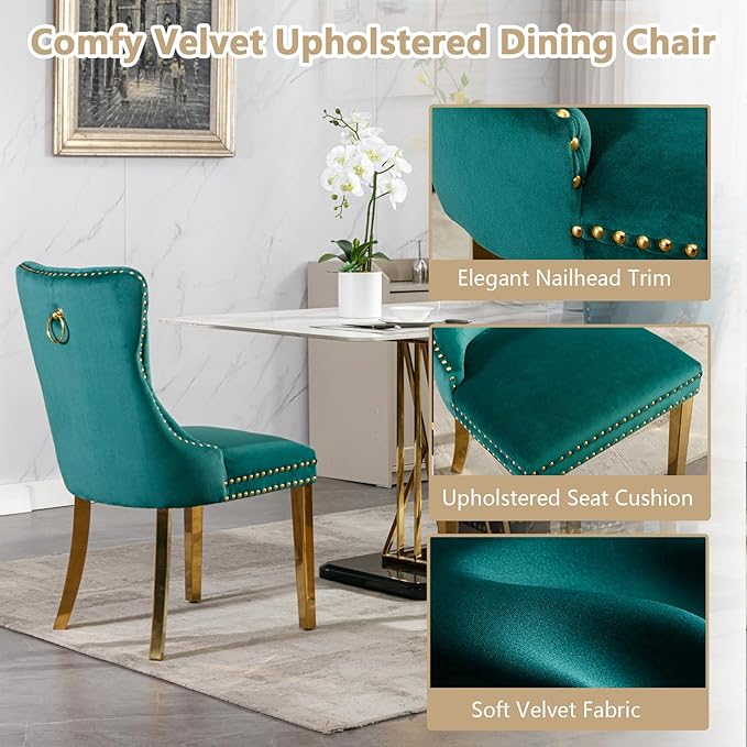 Goujxcy 5 Piece Glass Dining Table Set Modern Small Glass Dining Table Set for 4, 35.43" Square Kitchen Table and 4 Velvet Upholstered Chairs for Kitchen Dining Room, Gold & Green