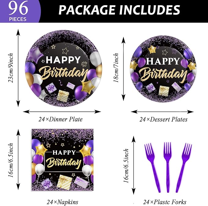 Wiooffen 96 Pcs Purple Birthday Party Plates Napkins Tableware Set Purple and Black Happy Birthday Party Supplies Disposable Dinnerware Women Girl Birthday Decoration Favors for Table, 24 Guests