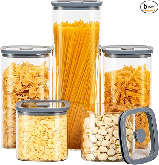 Square Glass Food Storage Jars with Lids[Set of 5], Perfect for Pasta, Cookies, Nuts, Coffee, Cereal, Flour,Organize Your Kitchen with these BPA-Free Glass Jars with Silicone Lids