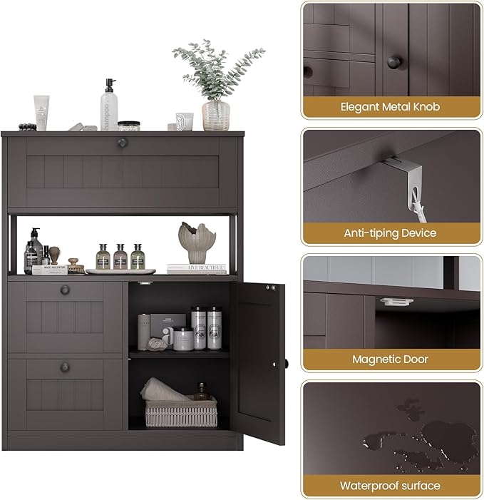 Bathroom Cabinet, Modern Bathroom Floor Storage Cabinet Organizer with 1 Door and 3 Drawers, Freestanding Cupboard for Kitchen/Living Room Use