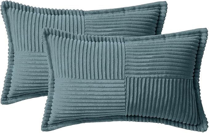 MIULEE Decorative Lumbar Throw Pillow Covers for Couch Bed Livingroom 12x20 Inch Set of 2 Dusty Blue Boho Accent Throw Pllows Broadside Striped Patchwork Soft Corduroy Pillowcases