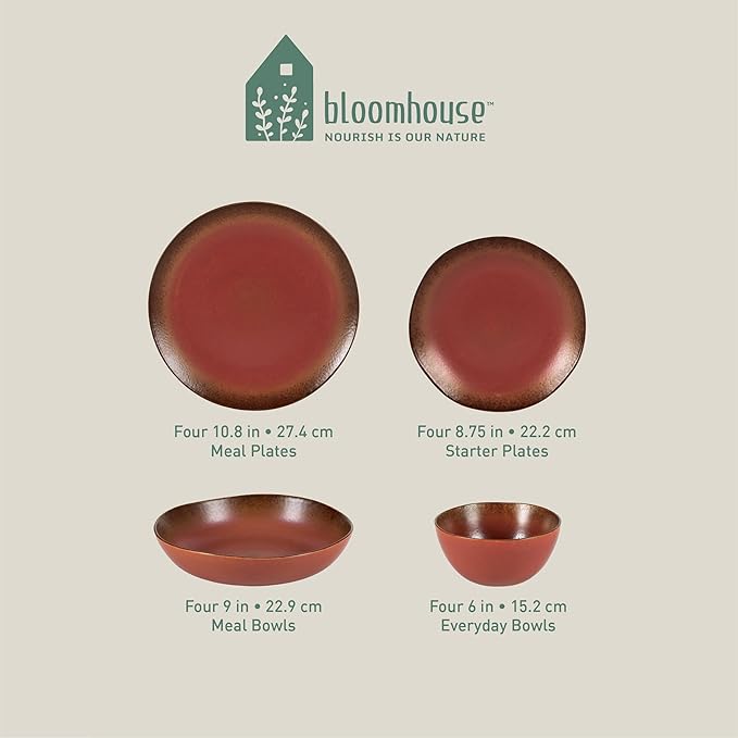Bloomhouse - Oprah's Favorite Things - Palermo Sun Double Bowl Stoneware Reactive Glaze Plates and Bowls Dinnerware Set - Paprika Red, Service for Four (16pcs)