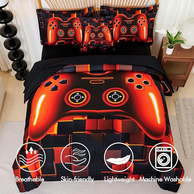 PERFEMET 6 Piece Orange Gaming Bedding Set Twin Size Game Console Boys Comforter Set with Sheets 3D Cool Soft Fluffy Video Gamer Bed in A Bag for Kids Teens(Orange, Twin)