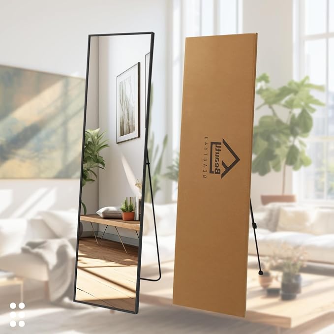 Beauty4U 59" x 16" Tall Full Length Mirror with Stand, Black Wall Mounting Full Body Mirror, Metal Frame Full-Length Tempered Mirror for Living Room, Bedroom
