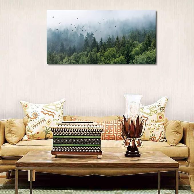 Green Forest Wall Art Tropical Forest Mountain Bird Contemporary Canvas Pictures Modern Artwork Framed for Bathroom Bedroom Nursery Living Room Home Office Kitchen Wall Decor 29" x 58"
