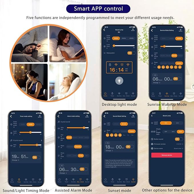Moon Clock Light Alarm Clock Wake up Lamp Cute Aesthetic Alarm Clock Nightstand lamp UV-Free LED Sunrise lamp for bedrooms Built-in White Noise APP Control Bioclock Adjustment
