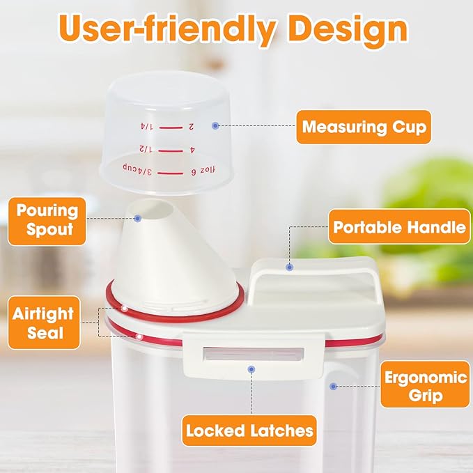 TBMax Rice Storage Container, Airtight Cereal Container Dispenser with Pourable Spout + Measuring Cup, BPA Free Plastic Storage Bin for Pantry Organization and Storage
