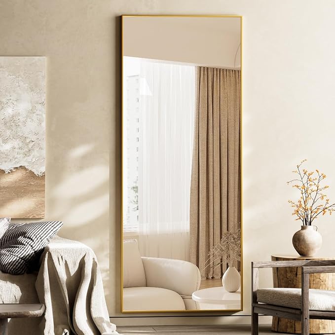 Koonmi Large Mirrors for Wall, 65"x24" Full Length Mirror with Stand, Full Body Mirror with Aluminum Alloy Frame, Hanging or Leaning Against Wall, Floor Standing Mirrors for Bedroom Living Room, Gold