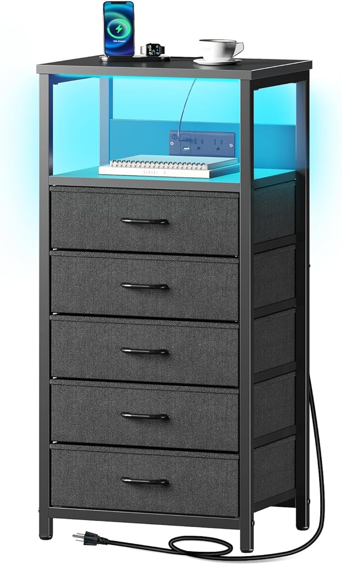Seventable Night Stand with Charging Station, Tall Nightstand with 5 Fabric Storage Drawers, Side Table with LED Light for Bedroom, Entryway, Black