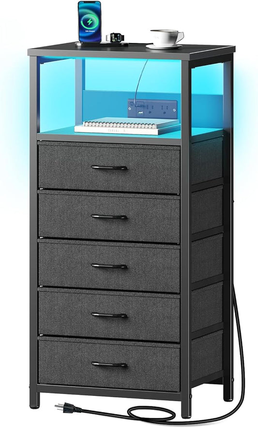 Seventable Night Stand with Charging Station, Tall Nightstand with 5 Fabric Storage Drawers, Side Table with LED Light for Bedroom, Entryway, Black