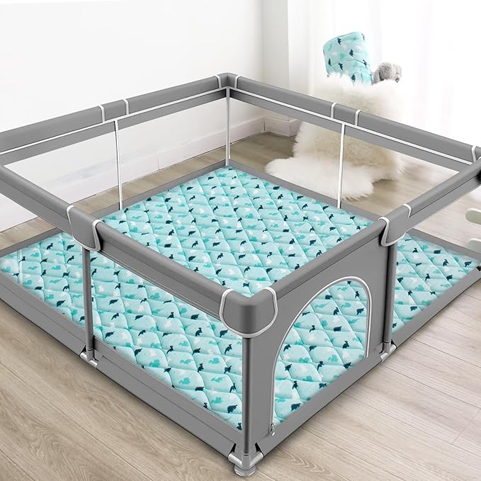 Premium Foam Baby Play Mat 50" X 50" - Non Slip Cushioned, Thick One-Piece Crawling Mat, Easy Clean, Aqua Dinosaur