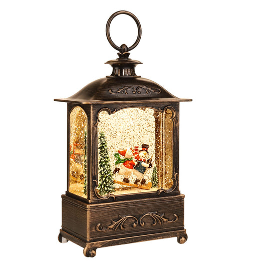 Christmas Snow Globe Lantern Christmas Decorations Water Glittering Lanterns with Music & Timer, USB Lined/Battery Operated Lighted Lantern for Christmas Festival Decoration Gifts (Skiing Snowman)