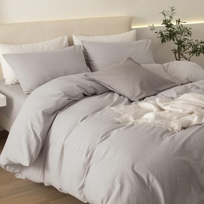 JIYUAN 100% Washed Cotton Duvet Cover Set 2 Pieces Twin, 1 Duvet Cover 68x90 Inches(Comforter Not Included) and 1 Pillowcases,Linen Feel Bedding Set Comfy and Breathable, Heathered Cream Grey