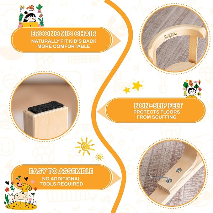 Swegrow Wooden Kids Chair, Toddler Chair for Table, Kids Stackable Chairs, Kid Wooden Furniture for Family/Playroom/Classroom（Set of 2-Natural Wood）