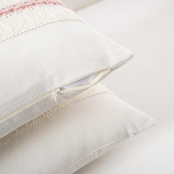 Fancy Homi Set of 2 Boho Pink Decorative Throw Pillow Cover 20x20 Inch for Couch Bed Sofa, Aesthetic Modern Organic Farmhouse Home Decor, Soft Cotton Cute Accent Macrame Woven Cushion Case