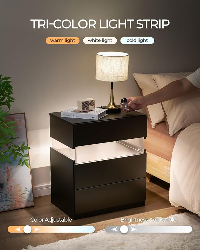 Bingoday LED Nightstand 3 Drawers Nightstand with LED Lights Tall Nightstand for Bedroom LED Bedside Tables for Bedroom Living Room