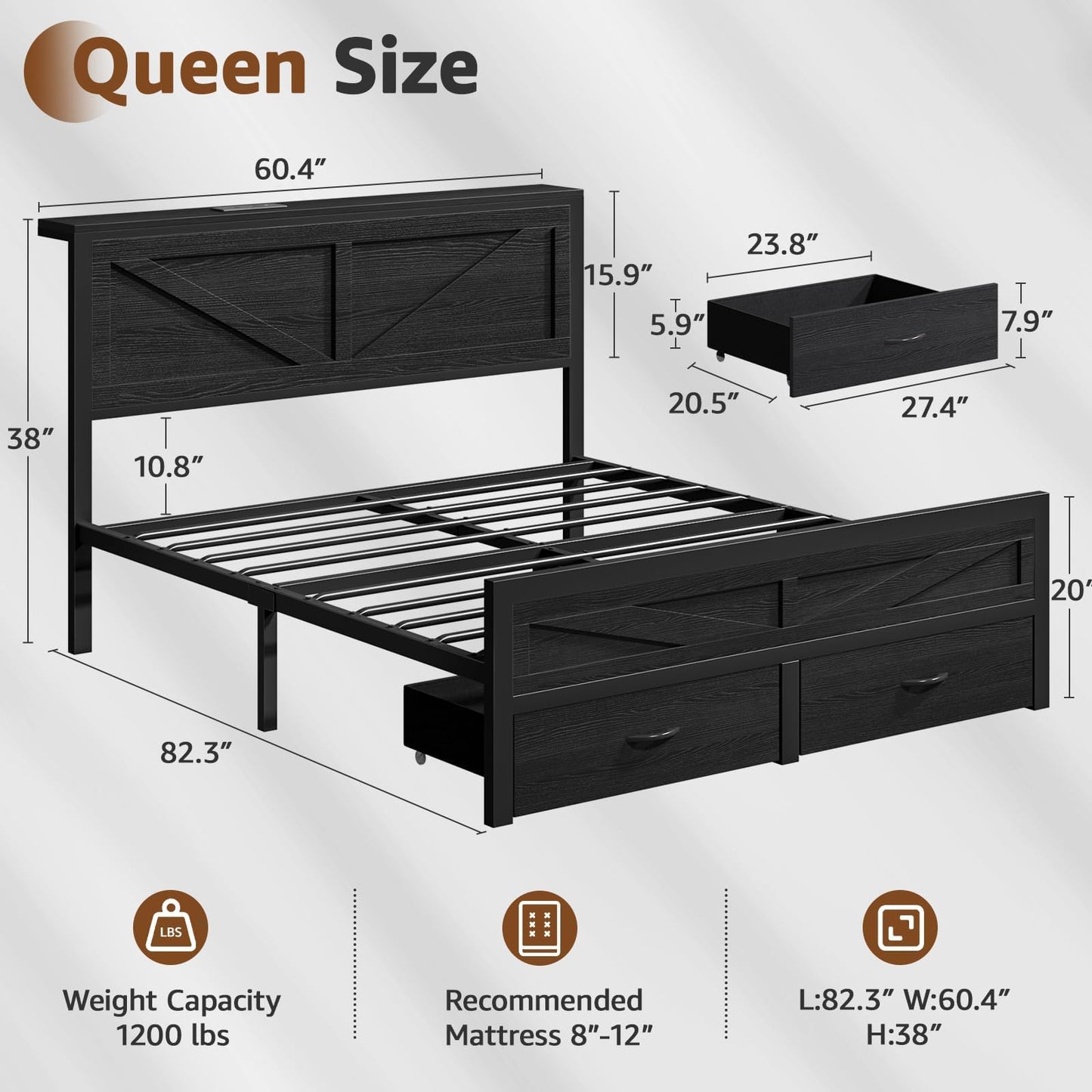 Siihnon Rustic Queen Bed Frame with Storage Drawers and Barn Door Headboard, Farmhouse LED Bed Frame Queen Size with Charging Station, Metal Industrial Platform Bed Frames, No Box Spring Needed, Black
