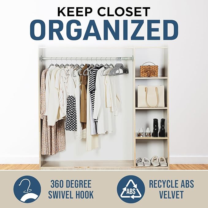 Velvet Non-Slip Hangers - 50 Pieces Non-Slip Coat Hanger Set with 360° Swivel Hook, Space-Saving, Sleek Design, Keep Closet Organized, Smooth Velvet Finish, Lightweight Construction - Gray