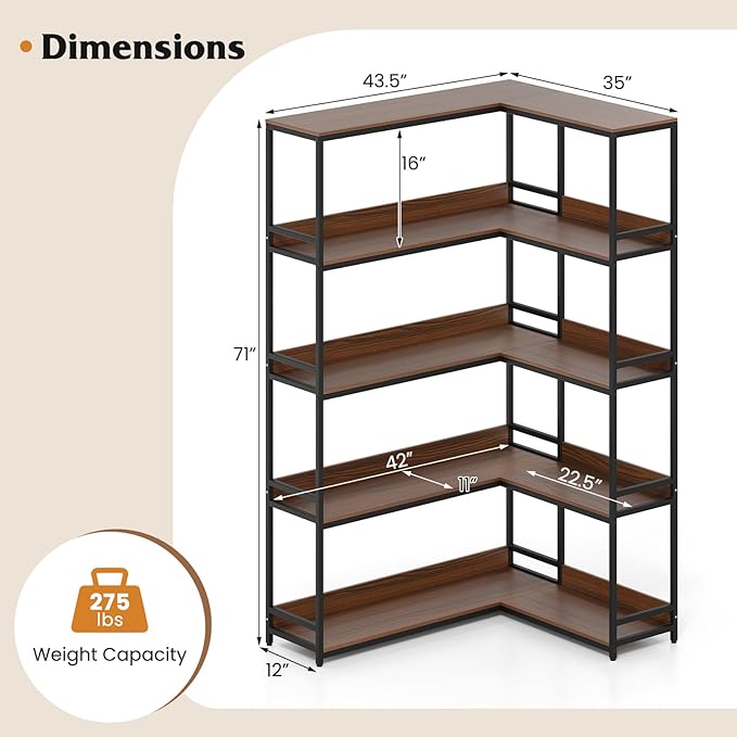 Tangkula Large Corner Bookshelf, 90 Degrees 5-Tier Industrial Wood Open Corner Bookcase for Small Spaces, Heavy-Duty Metal Frame, 71”H L-Shaped Storage Display Rack for Living Room (Walnut)