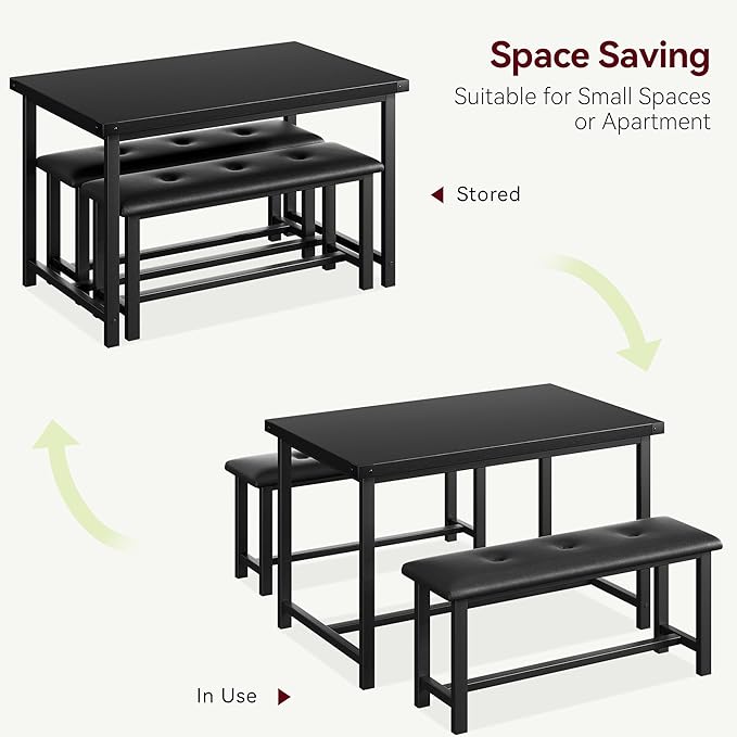 Dining Table Set for 4, Dining Room Table Set with 2 Upholstered Benches, Small Kitchen Table Set, 3 Piece Farmhouse Rectangular Dining Room Table Set, Space Saving Dining Table for Apartment