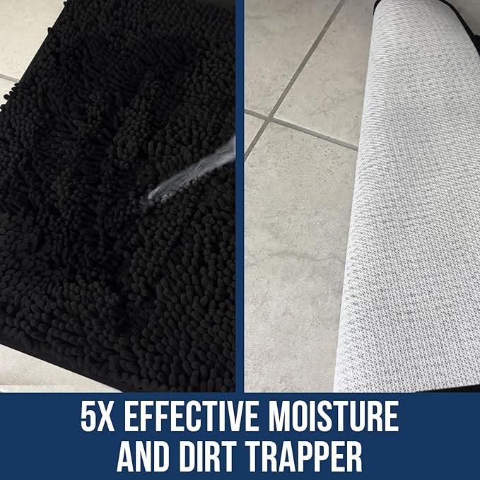Muddy Mat Chenille Bathroom Rugs Quick Dry Microfiber Mats Non Slip Washable, Extra Thick, Soft and Highly Absorbent Bath Mats for Bathroom, Kitchen, and Shower Floor - Black Large 35"X24"