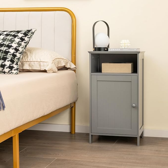 Tangkula Bathroom Storage Cabinet, Freestanding Wooden Single Door Side Floor Organizer with Adjustable Shelf, Small Bathroom Cabinet for Small Spaces, Living Room (Grey)