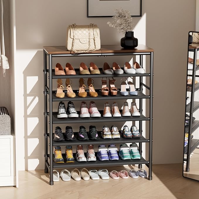 Mavivegue 6 Tier Shoe Rack Organizer, Metal Organizer Shelf with with MDF Top Panel and Layer Fabric, Shoe Rack for Front Door Entrance, Black & Rustic Brown