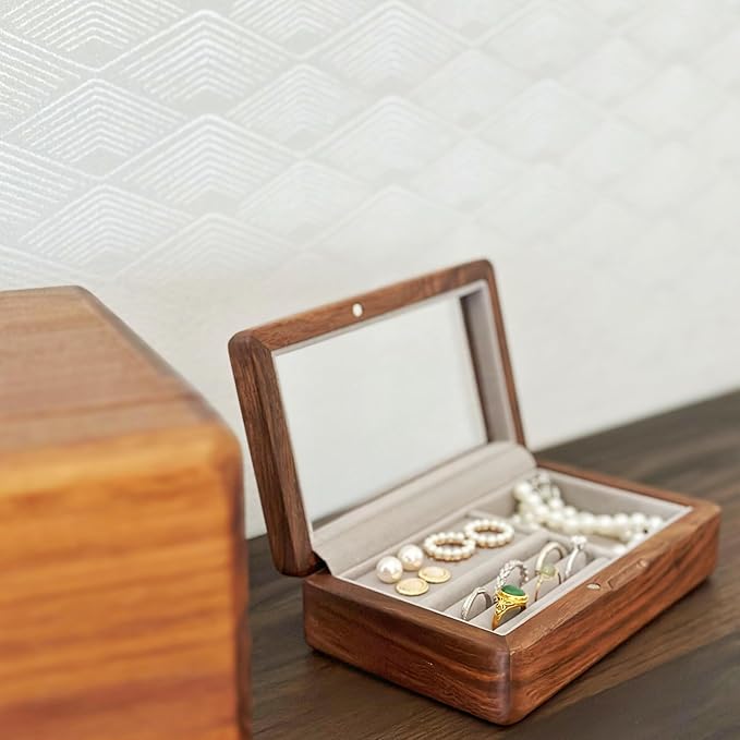 Walnut Jewelry Storage Box with Glass Lid, Multi-Functional Wooden Jewelry Organizer, Soft Velvet Interior, Natural Wood Craft Display Box for Rings, Earrings, Necklaces, Valentine’s Day Gift