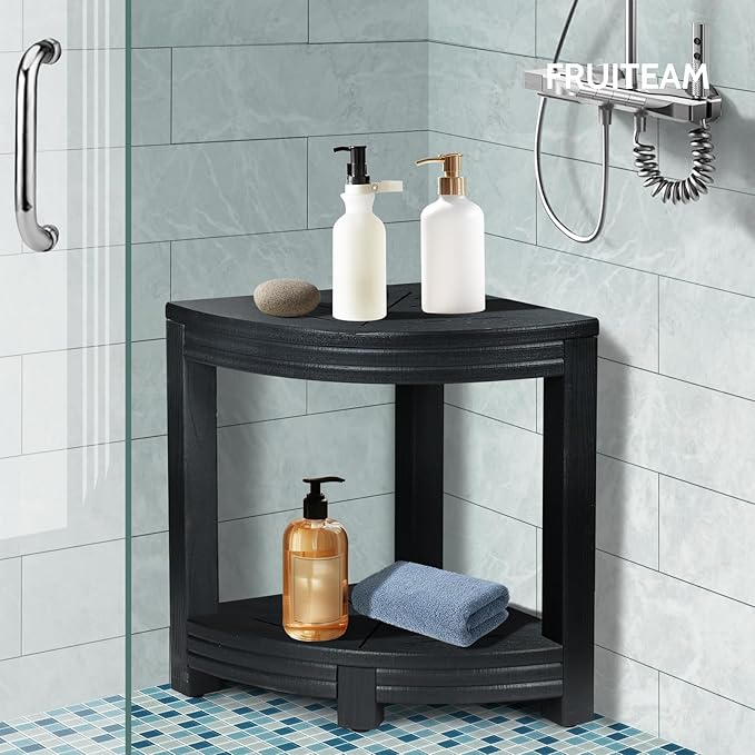 Shower Stool for Inside Shower, Non-Slip Shower Bench, Sturdy Corner Shower Stool with Storage Shelf, Waterproof Shower Stool for Shaving Legs and Bathroom Safety, Space Saving Design