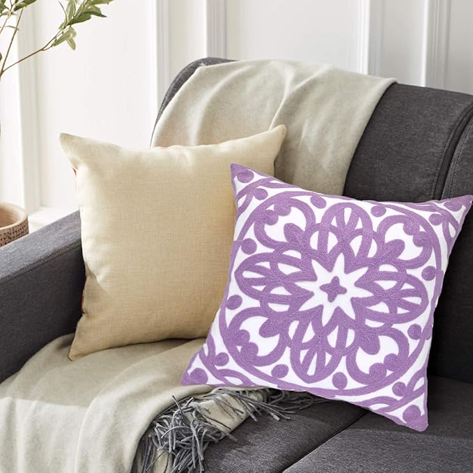 Alysheer Embroidered Decorative Throw Pillow Cover 18"x 18", Boho Mandala Modern Thick Embroidery Pattern Durable Cotton Canvas Soft Cushion Case for Sofa Couch Bed Living Room (Lilac Lavender)