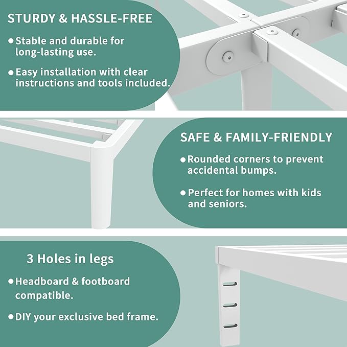 ITIMIDI White Full Size Bed Frame 12 Inch, Metal Platform Bed Frame Full No Box Spring Needed, DIY Headboard, Heavy Duty Steel Support 3500 LBS, Noiseless, Round Legs, Storage Space, Easy Assemblys