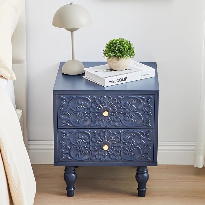 Nightstand, Farmhouse Bedside Table with 2 Drawers and Metal Handles, Wood Sofa Side Table End Table Accent Dresser for Bedroom, Living Room (Blue)