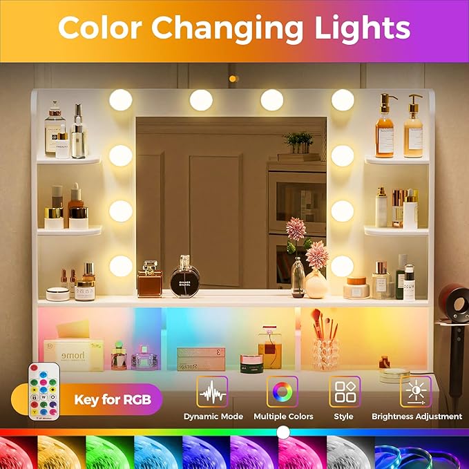 COMHOMA Vanity Desk with Lighted Mirror and Power Outlet, RGB LED Lights Makeup Vanity Set for Girls, Large Storage Capacity Dressing Table for Bedroom, 3 Lighting Modes Adjustable Brightness, White