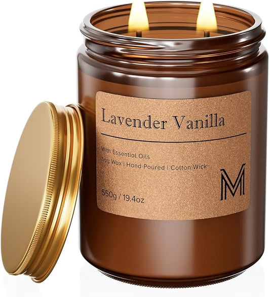 M&SENSE Lavender Vanilla Home Scented Candle | 19.4oz, 115-Hour Burn | Natural Organic Soy Wax | Long-Lasting for Stress Relief and Gifting | for Bedroom，Relaxing SPA，Office