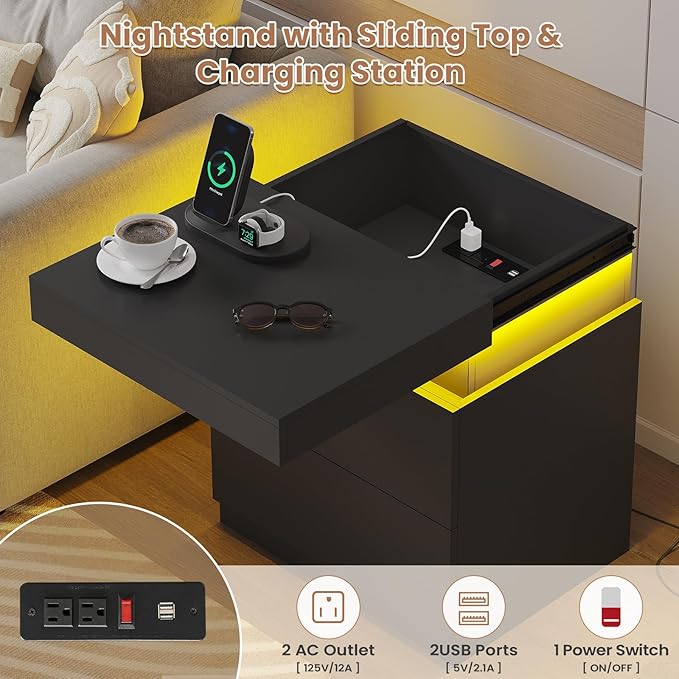 ADORNEVE Black Nightstand Set of 2,Night Stand with Charging Station & LED Light & Sliding Top,Bedside Table with Drawers,Modern Bed Side Tables Bedroom
