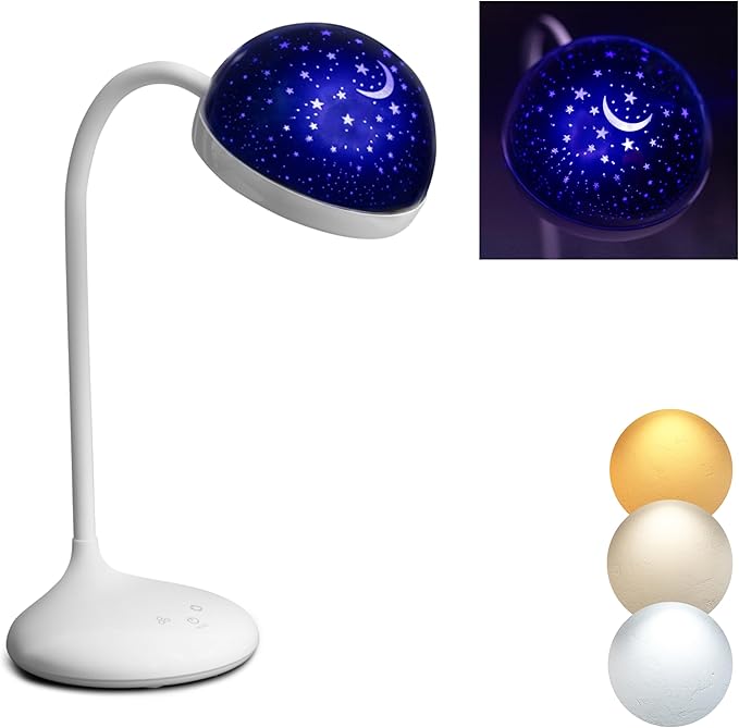 Cute Desk Lamp for Kids, Dimmable, Bright LED Study Light for Desk, Bedside Lamp with Star Projector Night Light for Kids Room Decor, Back to School Supplies, Funny Gift for Boys, Girls, Teens, White