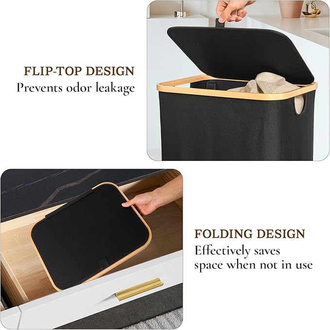 Laundry Hamper with Lid, Large Tall Clothes Basket Bin with Bamboo Handles, Collapsible Laundry Hamper for Bedroom, Bathroom, Dorm, Laundry Room, 100L Black