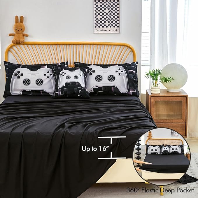 PERFEMET 6 Pcs Kids Bedding Sets for Boys Twin Size Black White Gamer Comforter with Sheet Set Soft Fluffy Gaming Bed Set Lightweight Comfy Game Bed in A Bag for All Season(White, Twin)