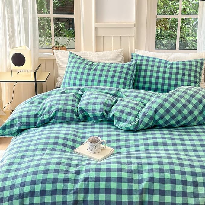 FACE TWO FACE Bedding Duvet Cover Set100% Washed Cotton Duvet Cover Linen Like Textured Breathable Durable Soft Comfy (Full, Blue Green Grid)