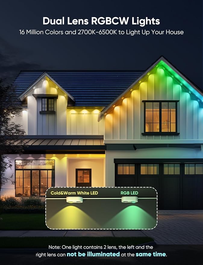 APPECK Permanent Outdoor Lights Pro 150ft, 108W RGBCW Eaves Light with 108 LED Lights, 80lm, Cuttable, 111 Scene Modes, IP67 Waterproof Lighting for Christmas Decoration, Work with Alexa, Black