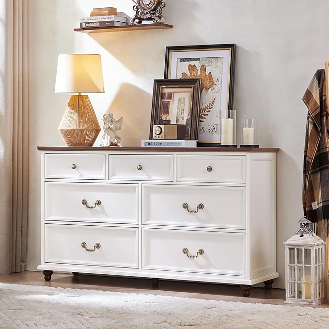 Farmhouse 7 Drawers Dresser Sets of 2 for Bedroom, White 54 Inch Wide Chest of Drawers w/ 4 Wooden Legs, Large Vintage Rustic Closet Dressers for Living Room, Wood TV Stand