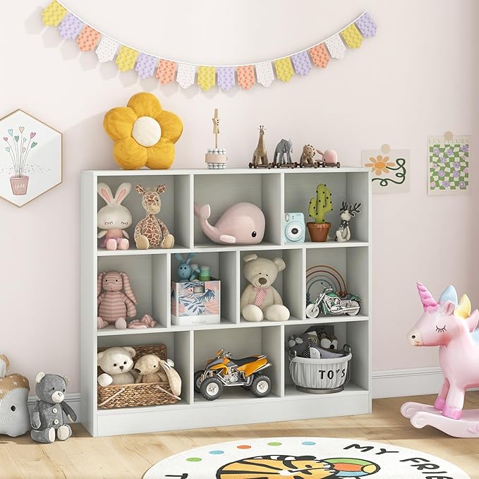Costzon Wooden Toy Storage Organizer, 10-Cube Kids Bookshelf w/ 2 Anti-Toppling Kits, 3 Tier Open Shelves & Non-Slip Foot Pads, Book Shelf for Kids Rooms, Playroom, Classroom, Nursery (White)