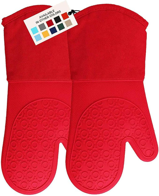 BPA-Free Silicone Oven Mitts Ultra Heat Resistant up to 500°F - Oven Mitts with Thick Cotton Liner - Long Slip Resistant Pot Holders, Flexible Oven Gloves - Canyon Red 13.7
