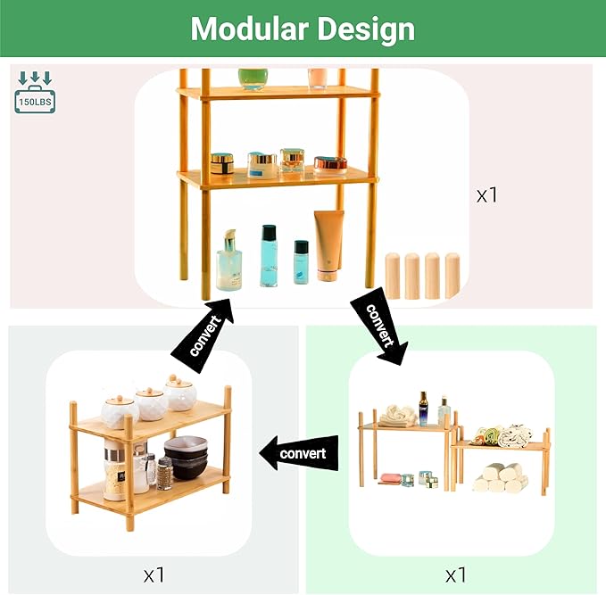 Bamboo Rack | Tool-Free Expandable (2-6 Tiers) | Kitchen Spice Organizer & Office Breakroom Snack/Cup Storage (Natural Bamboo)(Powered by Gogogo) (Natural, 15.6" W(2 Tier))