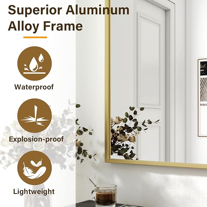 HARRITPURE 28"x20" Framed Bathroom Mirror for Wall Rectangle Mirror Aluminum Alloy Frame Wall-Mounted for Farmhouse Entryway Bedroom Living Room Gold