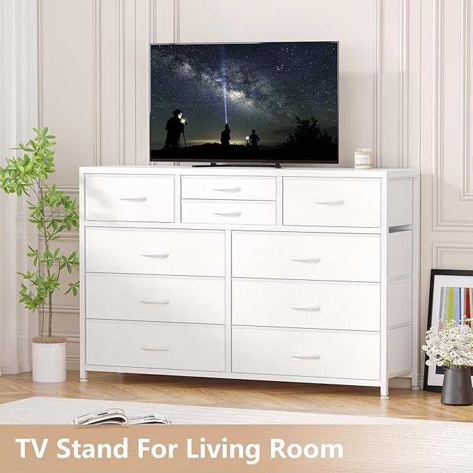 Jojoka Wide 10 Drawer Dresser,TV Stand Entertainment Center Fabric Storage Dressers Drawers for Bedroom, Hallway, Nursery, Closets, Steel Frame, Wood Top, White_1